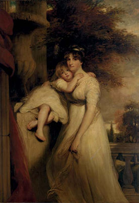 Portrait of Lady Mildmay, standing three-quarter-length, in a white dress, with her child, a landscape beyond