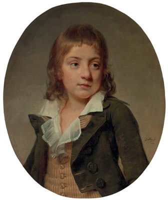 Portrait of a young boy, bust length, in a striped vest and grey jacket