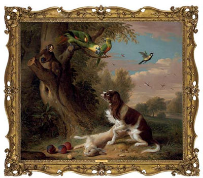 A spaniel with a dead hare in a landscape, with parrots and a monkey in a tree
