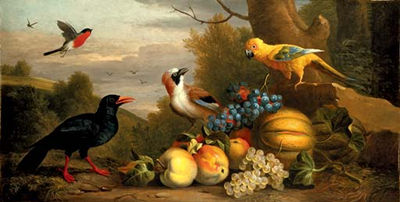 A Bullfinch, a Chough, a Jay and a Sun Conure with quinces, grapes and melons in a landscape by Jacob Bogdani - Auction record, sale price, and art valuation. Compare with similar artists and explore comparable artworks.