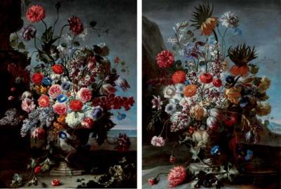 Tulips, morning-glories, carnations, lilies and other flowers, in an urn, an extensive landscape beyond; and Lilacs, tulips, roses, and other flowers in an urn, a coastal view beyond