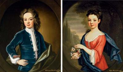 Portrait of William Wodehouse, half-length, in a blue jacket, white scarf and robe, in a painted oval; and Portrait of Sophia Wodehouse, in a pink dress with white chemise and blue shawl, holding a garland, a landscape beyond