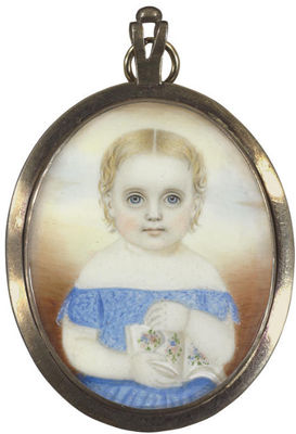 A Miniature Portrait of a Girl in a Blue Dress With a Book of Flowers by Moses Russell - Auction record, sale price, and art valuation. Compare with similar artists and explore comparable artworks.