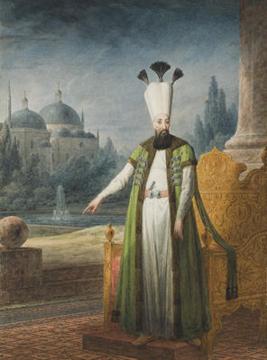Portrait of Sultan Abd-ul Hamid I standing in front of a golden throne, a domed palace in the distance