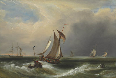 Fishing boats off a coast with other shipping by Frederick Calvert - Auction record, sale price, and art valuation. Compare with similar artists and explore comparable artworks.