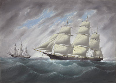 The American medium clipper Beverly overhauling another three-master at sea by William Howard Yorke - Auction record, sale price, and art valuation. Compare with similar artists and explore comparable artworks.