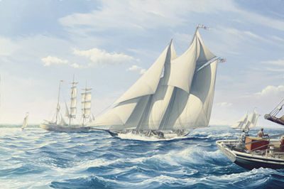 The fishing schooner Titania with the pilot boat Boston off Massachusetts