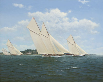 Westward, Britannia, White Heather (II) and Susanne, crossing the Royal Yacht Squadron line at Cowes, 1920 by Stephen J Renard - Auction record, sale price, and art valuation. Compare with similar artists and explore comparable artworks.
