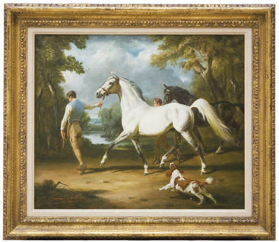 Two horses with grooms and a spaniel in a landscape
