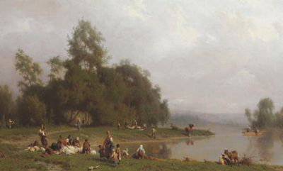 WASHERWOMEN BY A RIVERBANK