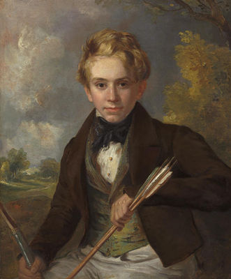 Portrait of a boy, half-length, in a brown jacket and green vest, holding a bow and arrows, in a landscape
