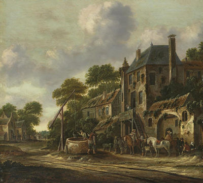 Travelers in a village landscape