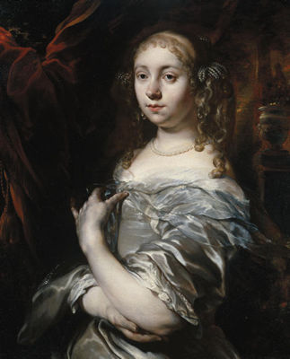 Portrait of a lady, half-length, wearing pearls and a grey satin gown with a blue shawl, an ornamental garden beyond