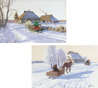 Sample artwork by Andrei Afanasievich Egorov (1878 - 1954), known for poetic landscapes and expressive watercolors depicting rural and seasonal scenes - View similar artists and auction records