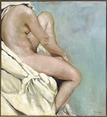SEATED NUDE ON BLUE BACKGROUND