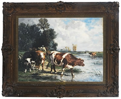 Cows drinking in a river landscape