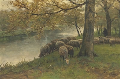Sheep Watering by a River