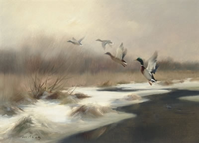 DUCKS ALIGHTING OVER KING'S MARSH by Manfred Schatz - Auction record, sale price, and art valuation. Compare with similar artists and explore comparable artworks.
