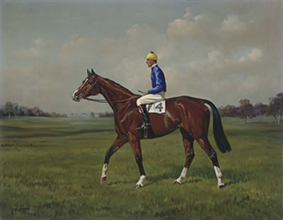 A BAY RACEHORSE WITH JOCKEY UP