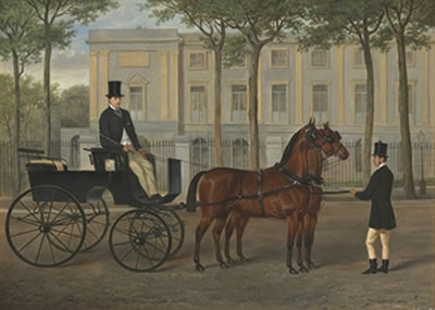 A HACKNEY CARRIAGE WITH DRIVER AND GROOM