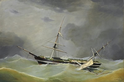 A DISMASTED SHIP RIDING OUT THE GALE