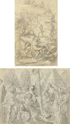 The Labors of Hercules AND Moses and the Brazen Serpent (recto), Two figures battling on horseback (verso)