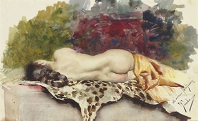 A reclining female nude seen from behind lying on a leopard skin by Casimiro Tomba Aldini - Auction record, sale price, and art valuation. Compare with similar artists and explore comparable artworks.
