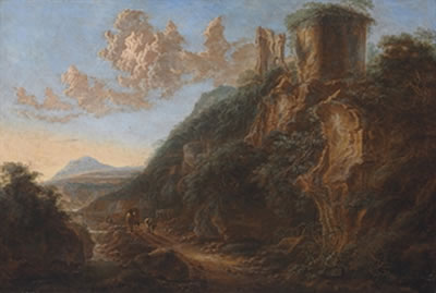 An Italianate landscape with travelers on a path by a ruin