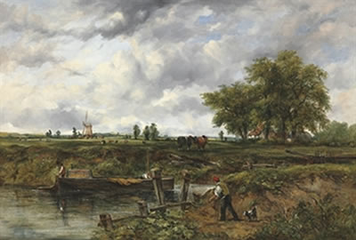 An extensive landscape with a barge approaching a lock, with cattle and a windmill beyond