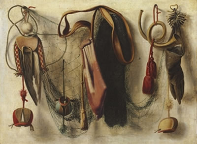 A trompe l'oeil of Hawking Equipment, including a glove, a net, and falconry hoods, hanging on a wall