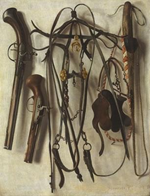 A trompe l'oeil of Hunting Equipment, including a bridle, pistols, whip, and spurs, hanging on a wall by Christoffel Pierson - Auction record, sale price, and art valuation. Compare with similar artists and explore comparable artworks.