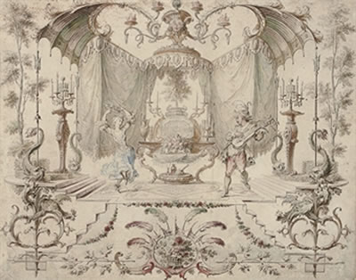 A woman dancing and playing the tambourine, a man playing the guitar, in an ornamental cartouche