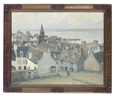 View of a Breton village with mother and child strolling