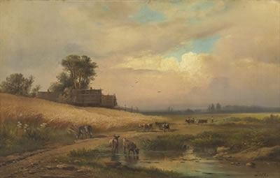 CATTLE WATERING IN A SUMMER LANDSCAPE by Alexander Vasilievitsch Gine - Auction record, sale price, and art valuation. Compare with similar artists and explore comparable artworks.