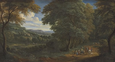A wooded landscape with horsemen greeting travelers on a path