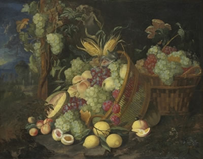 Grapes, nectarines, peaches, plums, figs and a melon in an upturned basket by Thomas Mertens - Auction record, sale price, and art valuation. Compare with similar artists and explore comparable artworks.