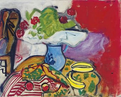 Still life of fruit and flowers on a table
