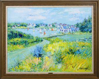 Sailboats on a River by a Town