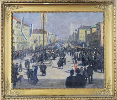 A view of the Ludwigstrasse, Munich, seen from the Odeonsplatz, during the celebrations of the 90th birthday of Prince-Regent Luitpold of Bavaria
