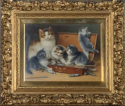 Mother cat and her kittens playing in a paint box