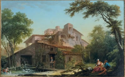 A watermill with a dovecot and a peasant couple seated under a tree in the foreground