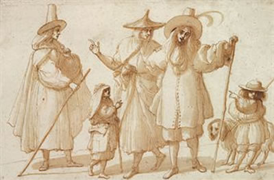 A group of elegantly dressed figures with two children and a dog