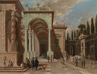 An architectural capriccio with figures outside a palace
