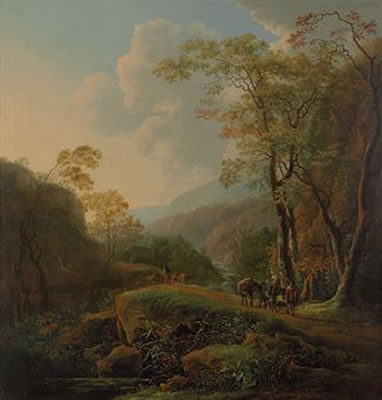 A wooded Italianate landscape with travelers on a path