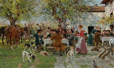The Huntsmen's Lunch by Raffaello Sorbi - Auction record, sale price, and art valuation. Compare with similar artists and explore comparable artworks.
