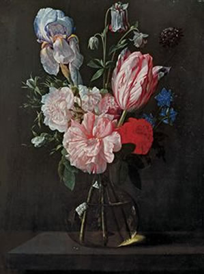A tulip, roses, iris and other flowers in a glass vase on a ledge by Nicolaes Van Verendael - Auction record, sale price, and art valuation. Compare with similar artists and explore comparable artworks.