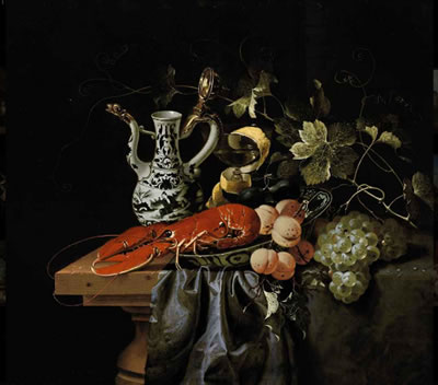 A lobster, apricots and plums in a wan-li kraak porcelain bowl with a wine glass, an ewer and vine leaves on a partly draped table by Laurens Craen - Auction record, sale price, and art valuation. Compare with similar artists and explore comparable artworks.
