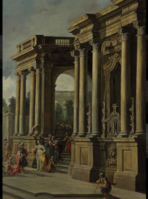 An architectural capriccio with elegant figures in a portico