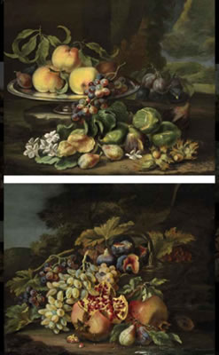 Peaches, plums, and grapes on a silver dish, with figs, flowers and chestnuts, all on a natural ground against a landscape; and A basket of figs and grapes with pomegranates and plums, all on a natural ground (2)