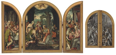 A triptych of The Adoration of the Shepherds; The Circumcision on the left wing; The Adoration of the Magi on the right wing; and The Massacre of the Innocents, en grisaille, on the reverse of the wings